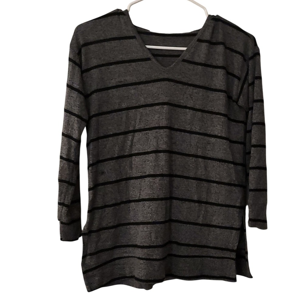 Soft Surroundings Grey Striped V-Neck Hoodie Long Sleeve Top Knit Casual Classic